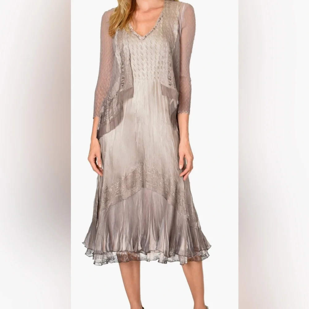 Komaro Beaded Charmeuse & Cliffon Tiered Dress withh Jacket - Picture 1 of 14